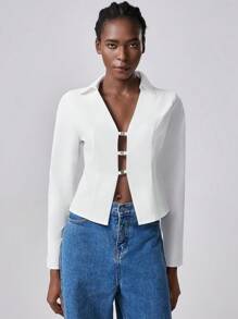 Chiquease Blusa de mujer de moda y versátil con escote en V profundo - Blanco - Ver 5