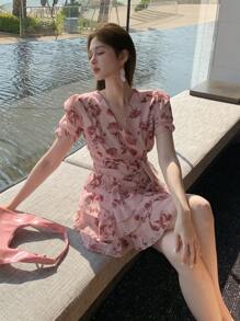 DAZY 女式花卉印花短袖连衣裙，夏季，荷叶边 - 粉色 - 查看 3