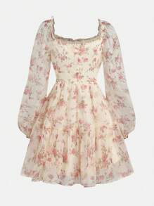 Girlism 少女春夏花卉、粉红玫瑰图案度假/节日迷你 A 字裙，带荷叶边下摆、荷叶边/露肩/方领双向、花卉、情人节、优雅复古/沙滩/海洋/优雅风格可爱连衣裙 - 杏色 - 查看 2
