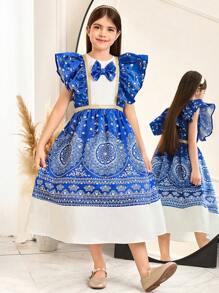 SHEIN 优雅假日复古碎花拼接条纹荷叶边盖袖中长连衣裙，适合青少年女孩 - 藍色 - 查看 3