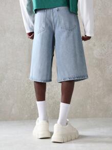 SUMWON Carpenter 牛仔短裤优质工装纽扣按扣覆盖设计宽腿宽松夏季滑板街头服饰节日时尚牛仔短裤