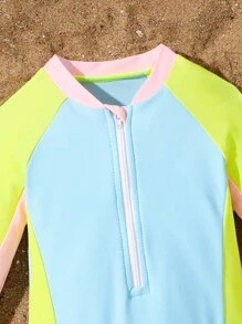 Traje de baño de una pieza de manga larga, ajustado, con cremallera frontal y unicolor para bebé niña - Multicolor - Ver 8