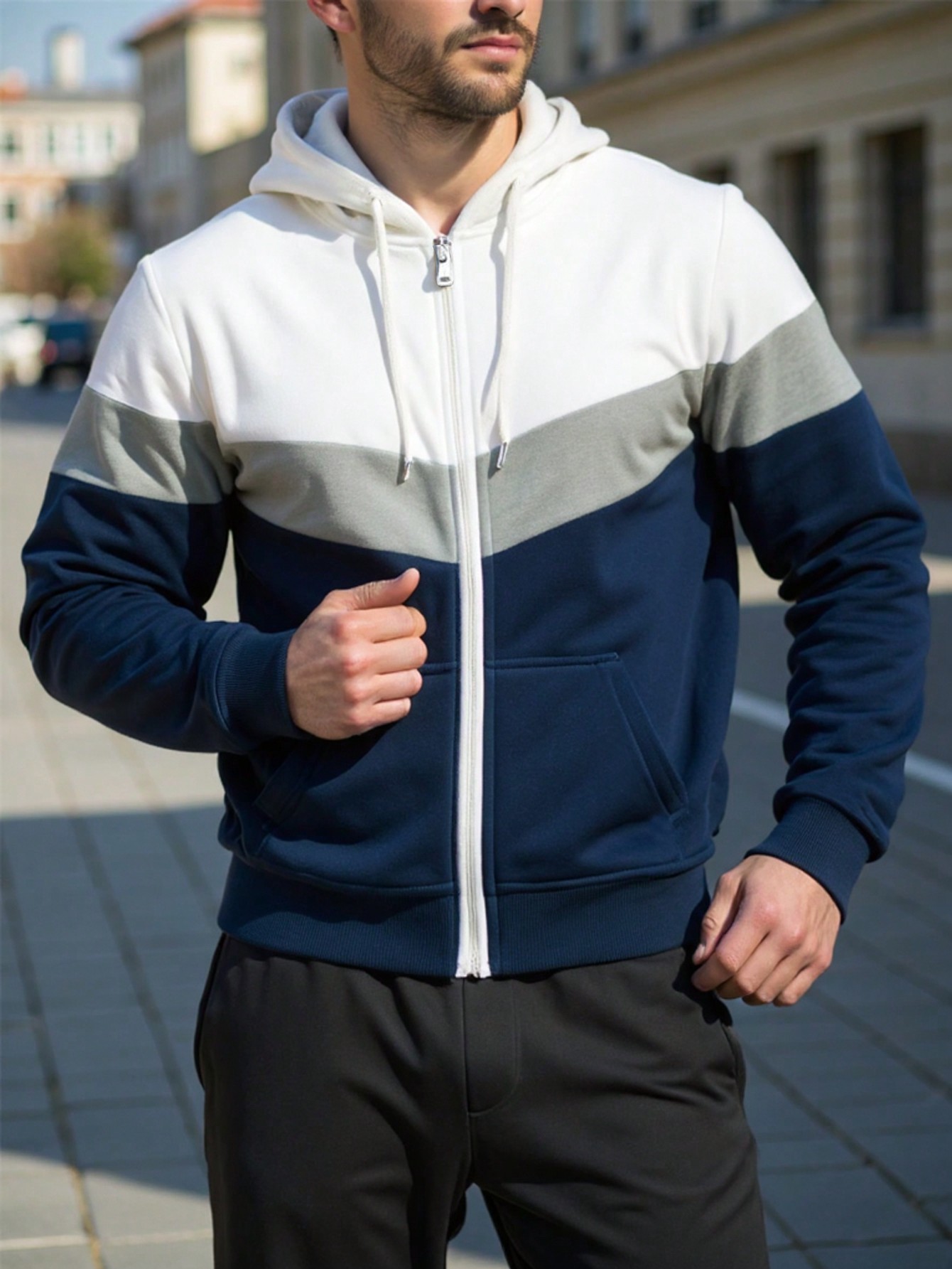 Manfinity Dauomo Men's Solid Color Patchwork Front Zipper Long Sleeve Casual Hoodie Sweatshirt