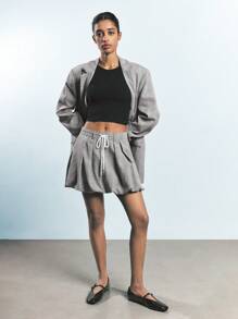Maija Falda plisada con cintura anudada a cuadros gris, tipo línea A, con bolsillos laterales, casual y versátil para primavera, verano y otoño