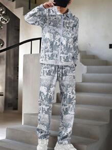 Manfinity EZcore Men's Vintage Full Print Jacket And Pants 2 Pieces Suit - Multicolor - View 4