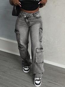 SHEIN Tall Asymmetrische taille Utility Pocket gewassen denim jeans