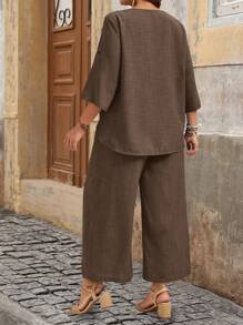 EMERY ROSE Plus Size Vacation Casual Solid Color Roll-Up Sleeve Shirt And Pants 2 Pieces Set - Coffee Brown - View 2
