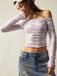 Bohemela Boho Solid Color Knit Lace Fabric Off Shoulder Long Sleeve Slim Cropped Women Top - Multicolor - View 8
