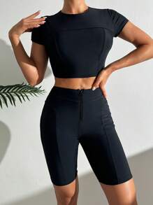 SHEIN Swim Bottom de traje de baño deportivo con cierre delantero de unicolor para mujer, estilo Festival Boho, para vacaciones de playa de verano