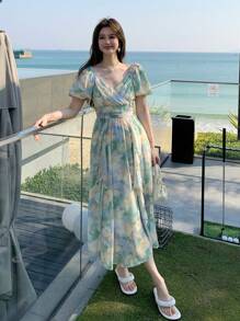 DAZY 女士V领印花荷叶边长连衣裙吊带裙度假装 - 薄荷綠 - 查看 4