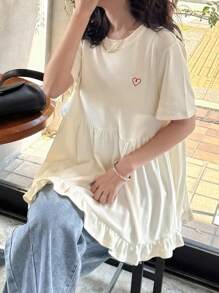 FRIFUL 女士奶油白色心形图案T恤，夏季女士甜美风格，娃娃装上衣