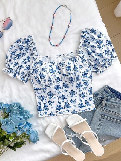 SHEIN 少女蓝白碎花泡泡袖短款修身短袖T恤