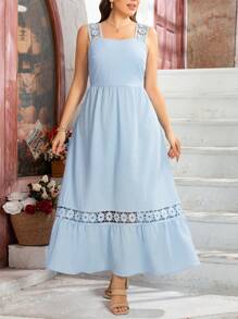 Breezaya Plus Size Women's Valentine's Day Woven Lace Patchwork Sleeveless Regular Fit Elegant Blue Midi Dress, Summer Outfits For Women, St. Patrick's Day Rave Outfits, Spring Break Outfits, St. Patrick's Boho