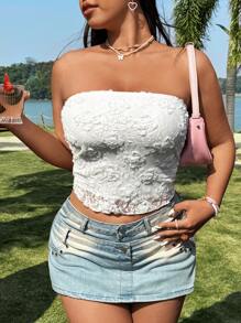 Flirla Plus Size Embroidered Lace Elegant Sweetheart Neck Top For Women - White - View 2