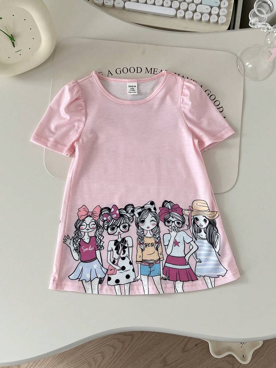 SHEIN Babygirl 休闲针织可爱卡通女童印花宽松短袖连衣裙，适合夏季 - 粉色 - 查看 1