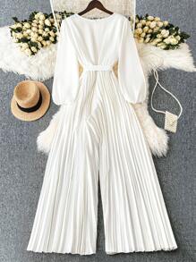 SHEIN LUNE New Elegant Chic Minimalist Balloon Sleeve Jumpsuit Women, V-Neck Cinched Waist Long Wide Leg Pleated Pants