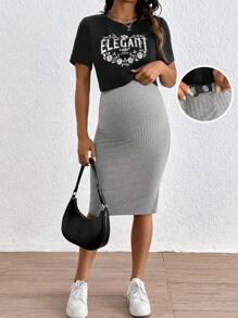 SHEIN 2pcs/Set Maternity Form-Fitting T-Shirt And Adjustable Waist Slim Skirt