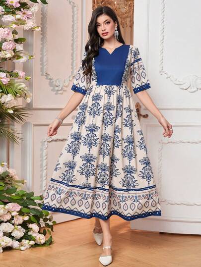 SHEIN 1 件女式 V 领短袖传统休闲花卉印花拼色蝴蝶结长裙，母子装（2 件单独出售），卡夫坦