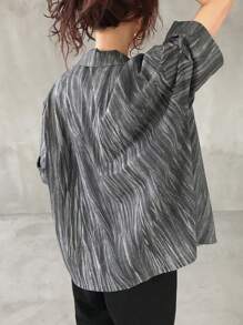 FRIFUL 女士灰色宽松全印花休闲衬衫，夏季上衣 - 灰色 - 查看 5