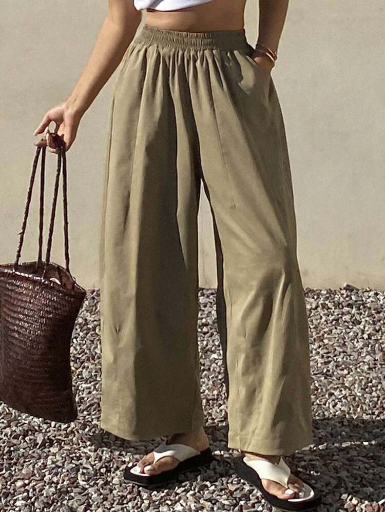 Women Vacation Casual Solid Color Elastic Waist Loose Pants