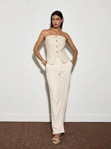 AiiRZ Top corset con diseño de botones, sin tirantes, estilo bandeau, para fiestas de noche, invitados de boda, verano, elegante, ajustado, estructurado, diseño minimalista y moderno