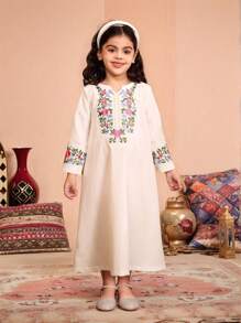 SHEIN Vestido casual ajustado de línea A, de manga larga y cuello en V con bordado floral, para niñas jóvenes en la primavera/verano