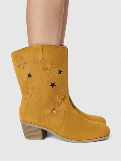 Grunge Punk Botas de vaquero de color oscuro de estilo punk rock para mujer, botas altas con tacón grueso de estilo western, con diseño de estrella hueco y deslizamiento, botas de tacón bajo hasta la rodilla