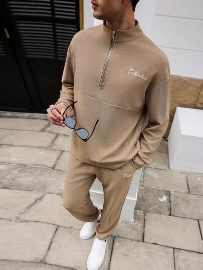 Manfinity Homme 男士前拉链长袖简约上衣和裤子，休闲两件套