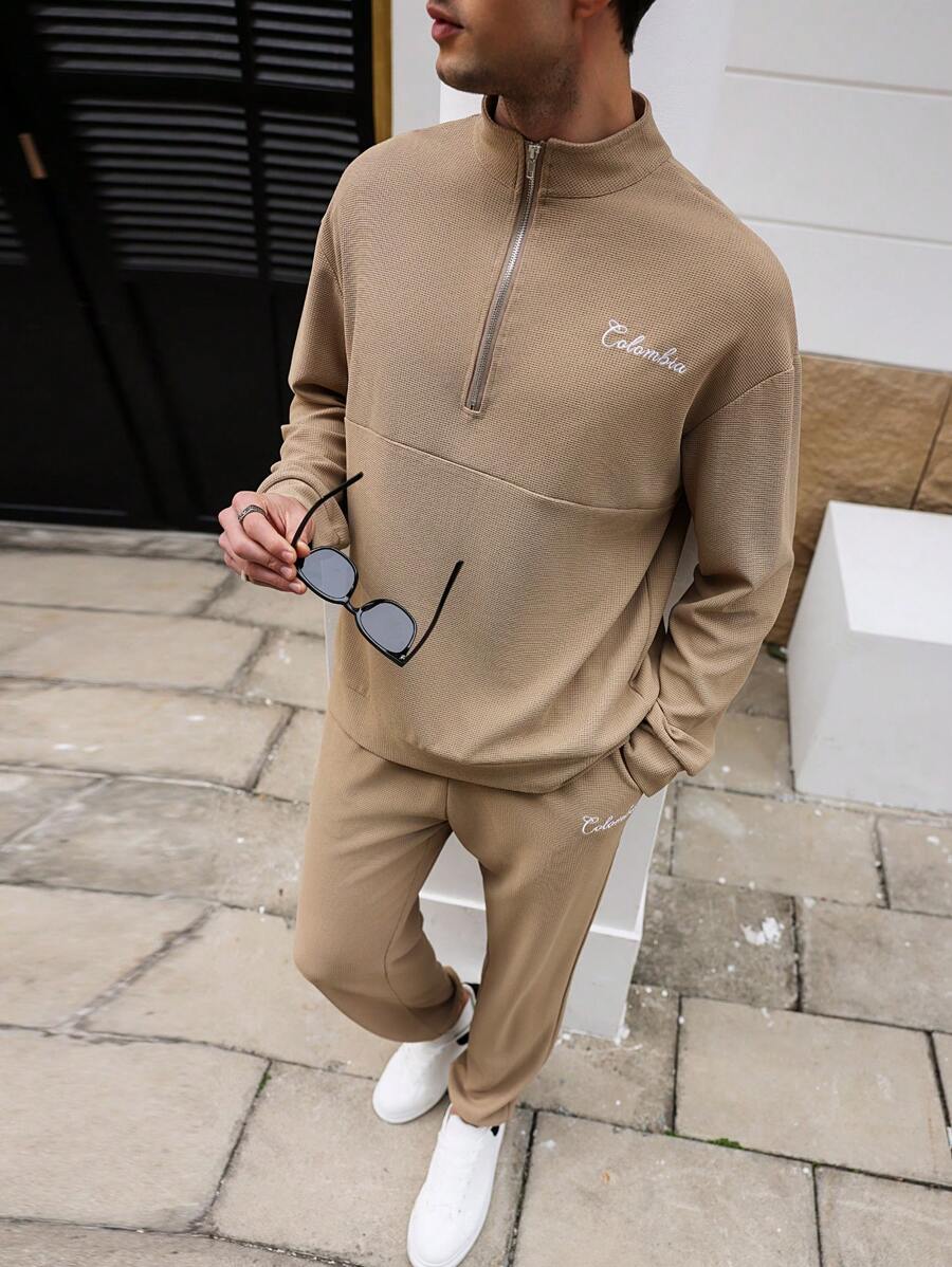 Manfinity Homme 男士前拉链长袖简约上衣和裤子，休闲两件套