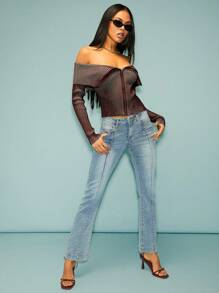 Denimoi Off Shoulder Cropped Zip Up Knit Sweater - Brown - View 4