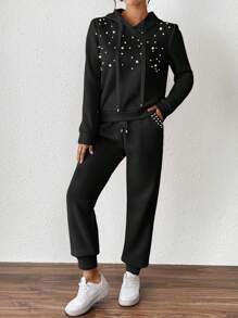 SHEIN Essnce Women's Solid Color Beaded Decor Drawstring Hoodie And Sweatpants 2pcs Set, Casual - Black - View 5