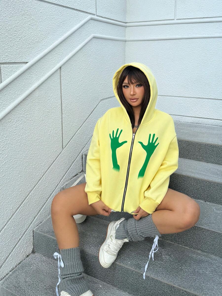 SHEIN EZwear Women Plus Size Hand Print Long Sleeve Zip Front Sweatshirt Pullover Fall Sweatshirt - Yellow - View 1