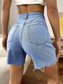 SHEIN EZwear 女式前扣口袋做旧简约休闲牛仔短裤 - 淺色水洗藍 - 查看 2