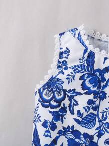 Floral Print Sleeveless Casual Blouse For Young Girls, Suitable For Vacation - Blue - View 4