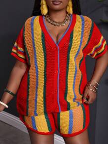 Slaydiva 大码 V 领开衫短袖上衣和短裤套装，拼色竖条纹图案，夏季针织装 - 紅色 - 查看 5
