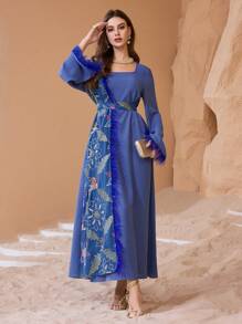 Al Najma 女士优雅亮片刺绣宽松毛绒针织连衣裙，适合日常穿着和派对，阿拉伯连衣裙