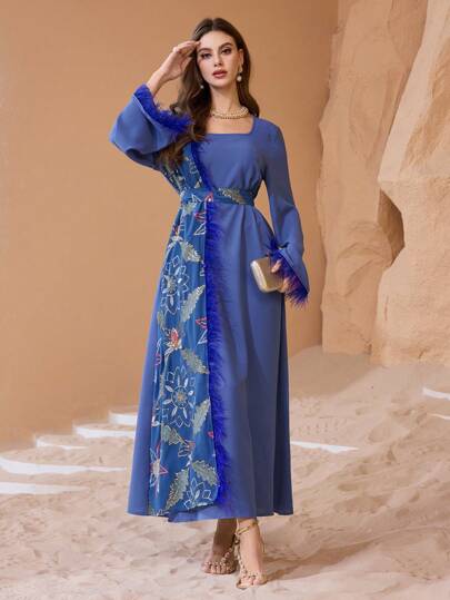 Al Najma 女士优雅亮片刺绣宽松毛绒针织连衣裙，适合日常穿着和派对，阿拉伯连衣裙