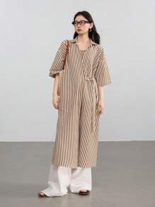 Dazy-Less Vacation Beach Striped Design Drawstring Tie Front Split Long Sleeve Shirt Dress For Women Old Money Style - Brown - View 4