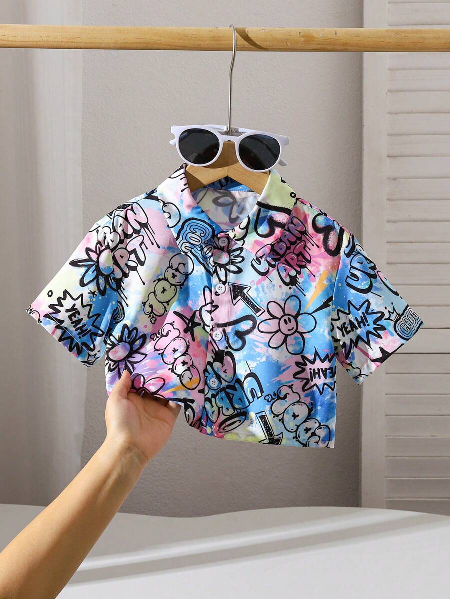 SHEIN Girls' Graffiti Printed Cropped Short Sleeve Shirt - Multicolor - View 1