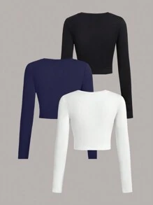 SHEIN EZwear 3 Set Multi-Pack Women Versatile Casual Simple Long Sleeve T-Shirt Valentine's Day Autumn And Winter - Multicolor - View 2