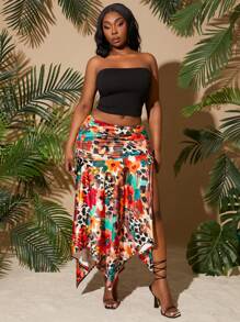 SHEIN SXY 大码女装 2025 春夏新款节日褶皱高开衩不对称下摆性感豹纹花卉印花 A 字裙，适合海滩度假、约会之夜、生日、单身派对、可爱、休闲、购物、街头服饰、外出，易于搭配且看起来苗条，凸显您的身材，修饰身材 - 彩色 - 查看 6