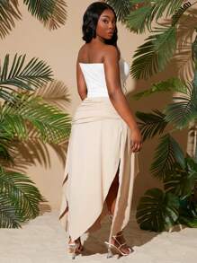 SHEIN PETITE CURVE Falda asimétrica gris caqui de talla grande para mujer, de unicolor, con cintura fruncida y abertura alta sexy, adecuada para vacaciones en la playa, citas, cumpleaños, despedida de soltera, estilo lindo y casual, para ir de compras, salir, fácil de combinar y que hace que la figura luzca estilizada.