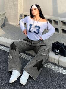 SHEIN ICON 大码女式喇叭牛仔裤，配星星图案口袋 - 淺灰色 - 查看 7