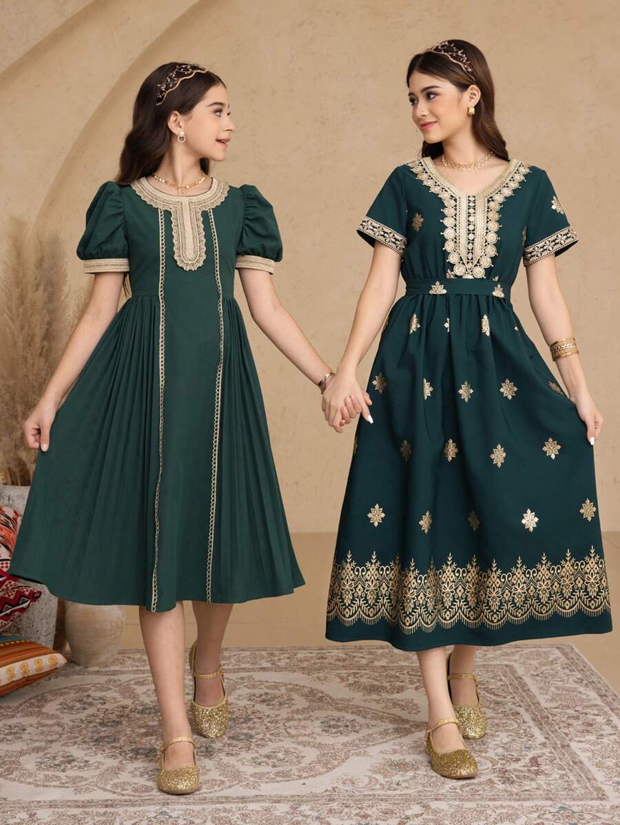 Teen Girl Gold Foil Floral Pattern Trim Neck Style Dress - Dark Green - View 1