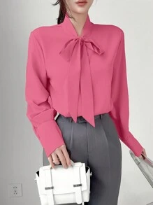 SHEIN LUNE Blusa elegante de manga larga con cuello de corbata de unicolor para mujer - Rosa Fucsia - Ver 1