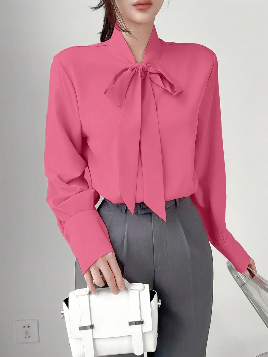 SHEIN LUNE Blusa elegante de manga larga con cuello de corbata de unicolor para mujer - Rosa Fucsia - Ver 1