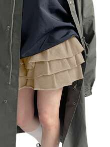 DAZY Falda-pantalón corta de mujer de estilo pastel de unicolor, multicapa, con volantes, para primavera/verano - Camel - Ver 7