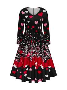 SHEIN LUNE Plus Size Women's Valentine's Day V-Neck Heart Print Long Sleeve Dress