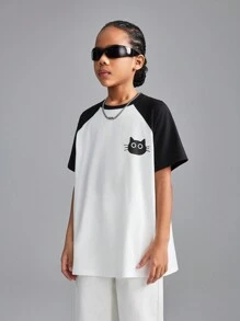 SHEIN Tween Girls Spring/Summer Crew Neck Cat Print Color Block Loose Fitting T-Shirt - Black and White - View 4