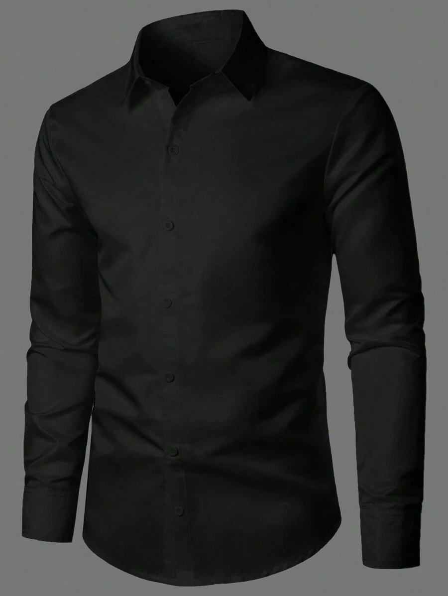 EURMUSE Camisa de manga larga de 100% algodón de unicolor para hombres - Negro - Ver 1
